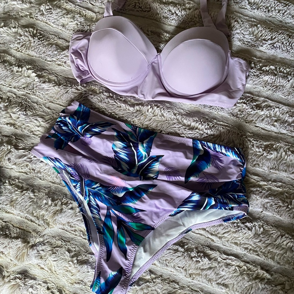 Floral two piece purple bathing suit